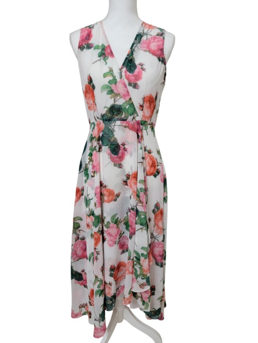Calvin Klein Size 10 Floral Chiffon Sleeveless Faux-Wrap Dress